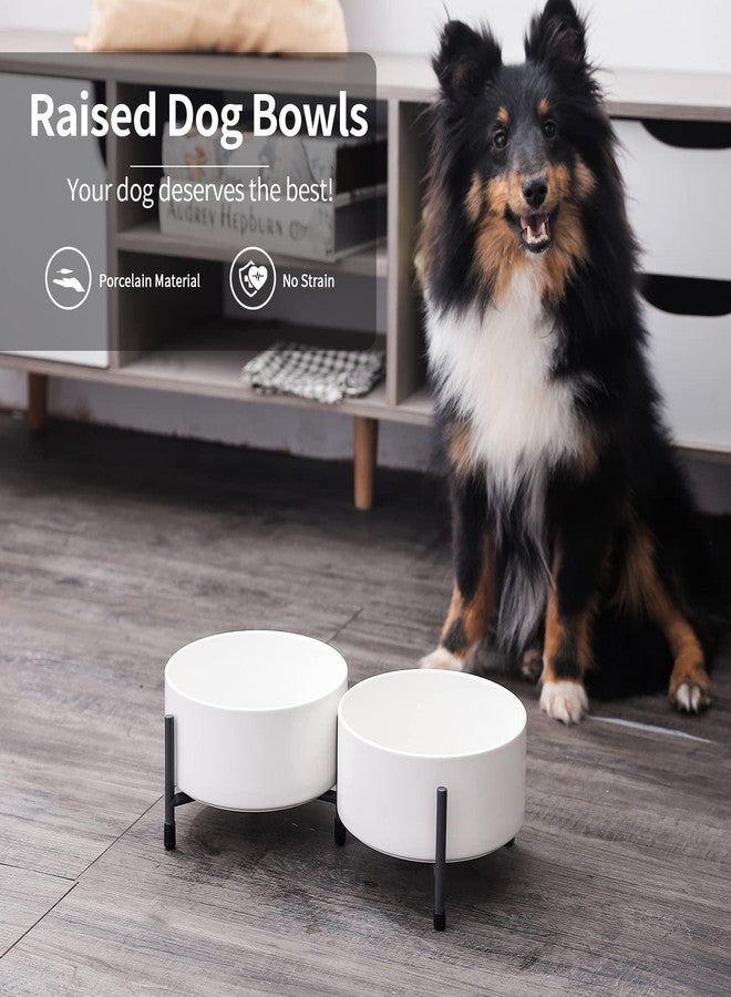 OMAYKEY 32 oz Ceramic Dog Cat Bowl Set of 2 with Elevated Metal Stand - 6 Inch Ceramic Round Pet Food and Water Feeder Bowl Dish for Cats & Dogs - White - Image 2